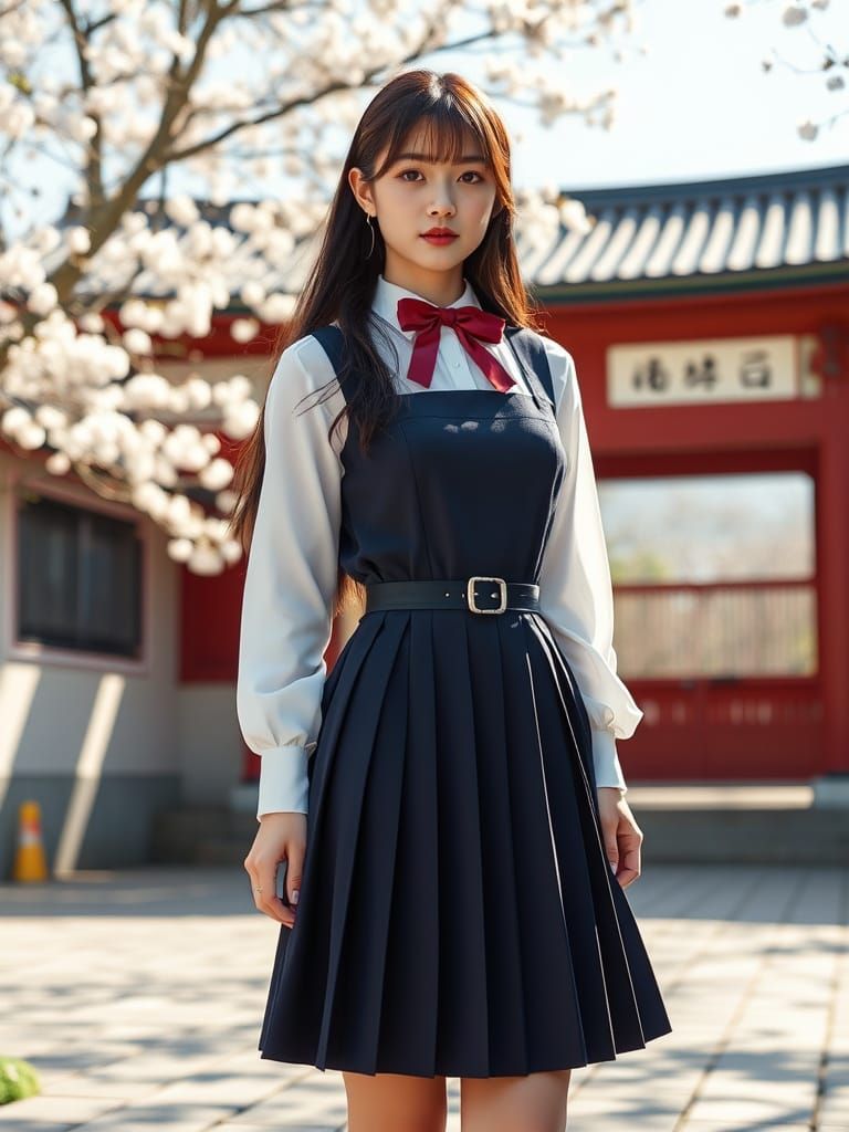 Kaori in Shrine Courtyard with Falling Cherry Blossoms