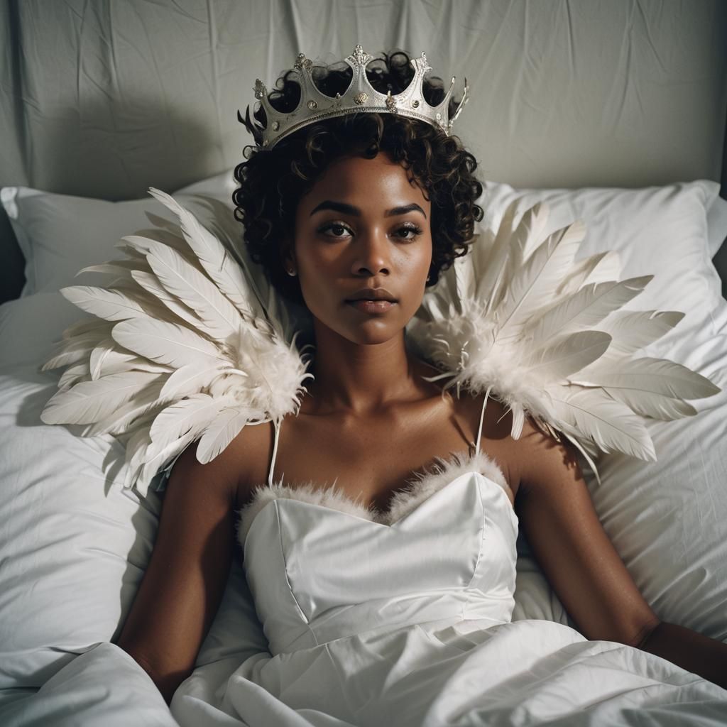 Dreamy Portrait of Woman with Feather Crown