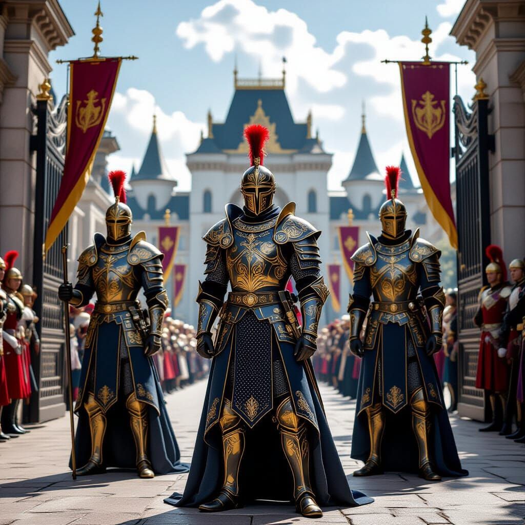 Elite Royal Guards in Ornate Armor at Palace Gates
