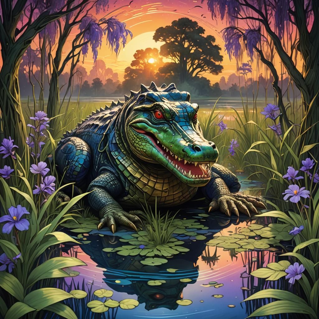 Art Nouveau Alligator in a Holographic Swamp
