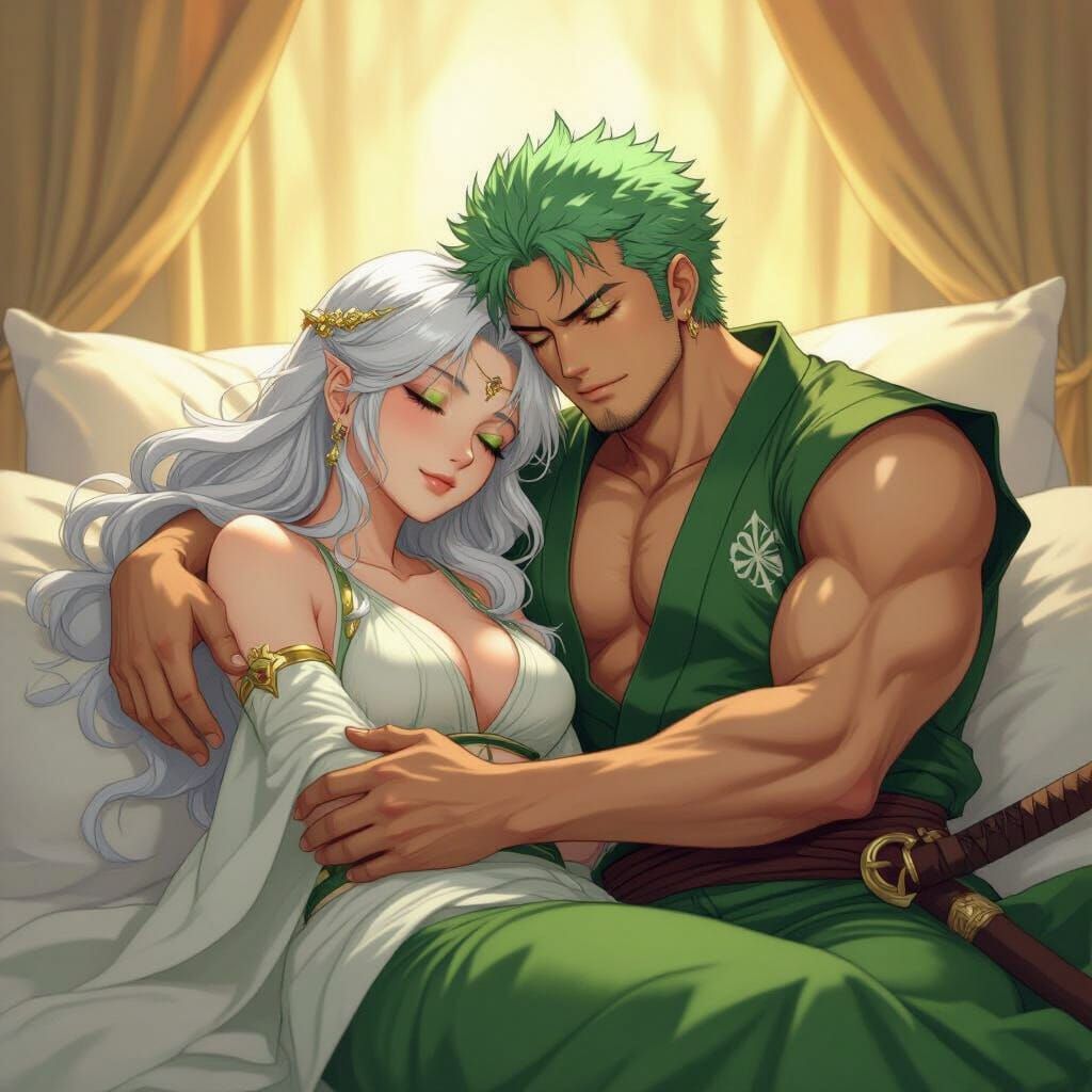 Artemis and Zoro Embrace: Alphonse Mucha Style