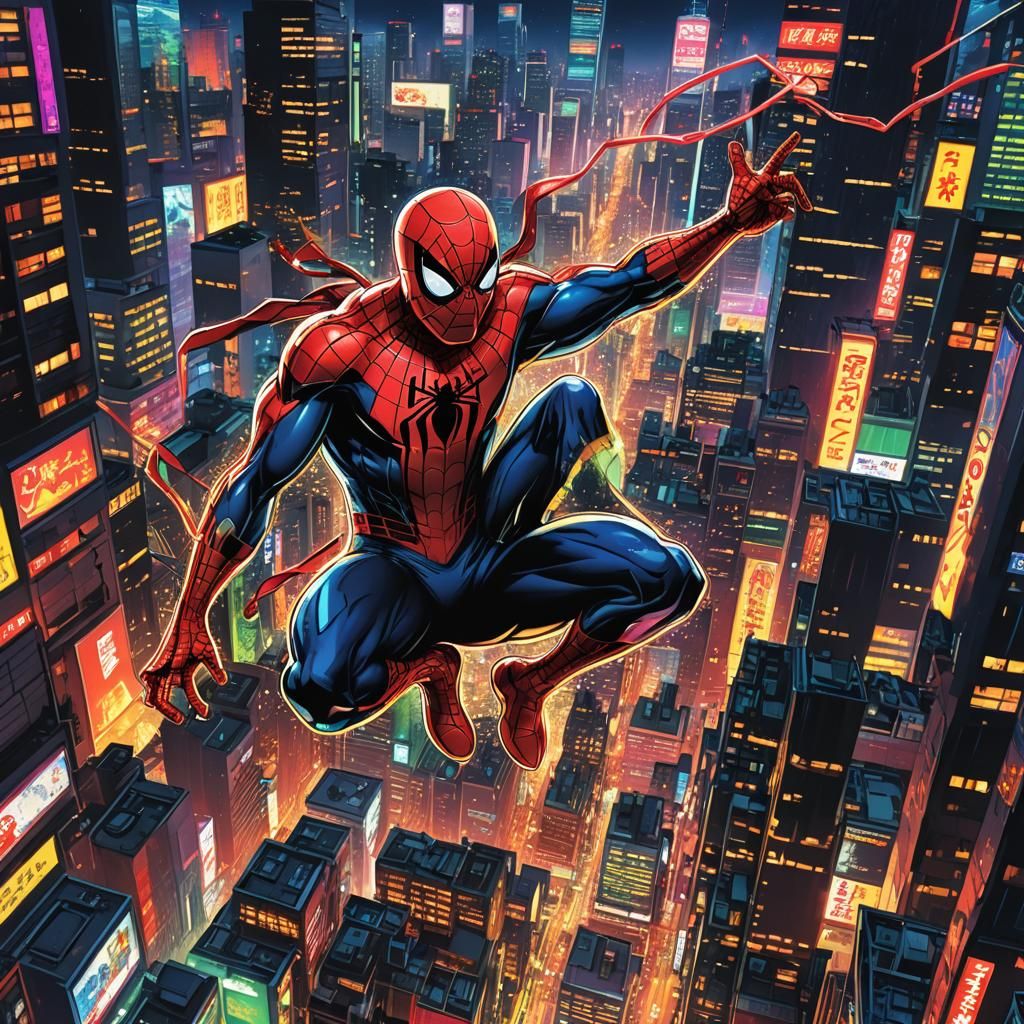 Spiderman Swings Through Tokyo: Comic Book Art