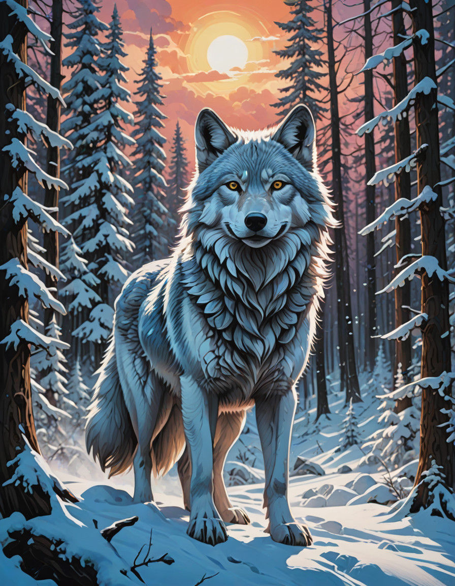 Surreal Spirit Wolf Dominates Frigid Tundra Landscape in Oil...