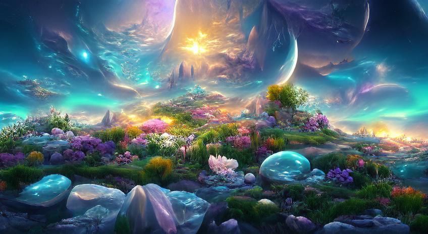 Iridescent Fantasy Landscape with Luminous Sun and Flowers