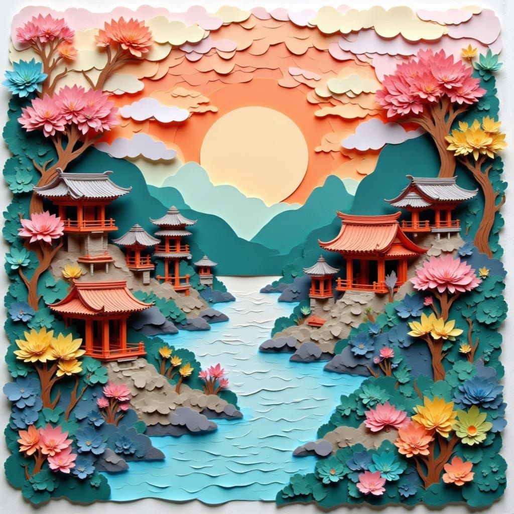 Japanese Scenery in Paper Cut Art Design