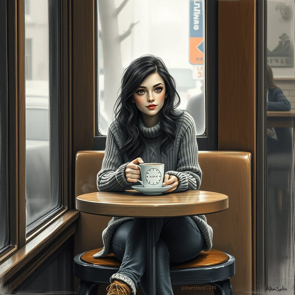 Woman in Cafe with Coffee: 3D Rendered Charcoal Art
