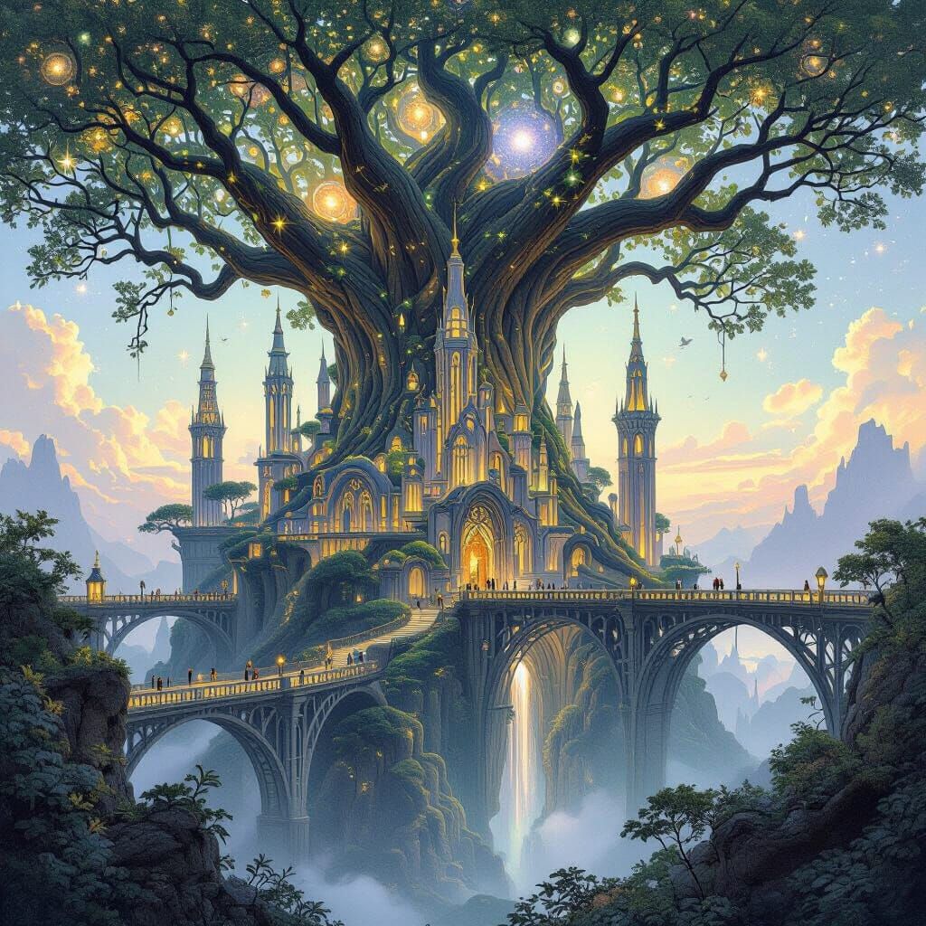 Mystical City on Ancient Trees: Art Nouveau