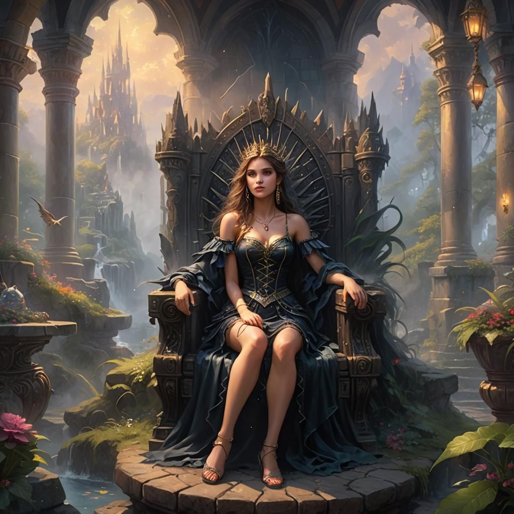 Ethereal Fantasy: Girls Lounging on Dark Throne