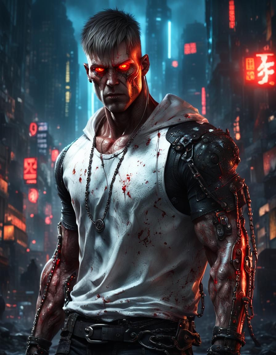 Cyberpunk Cyborg Portrait with Red Eyes