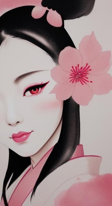 Geisha Portrait in Chinese Ink Painting Style