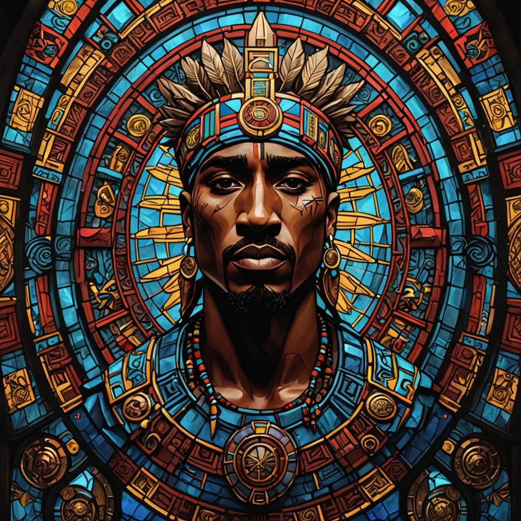 Tupac Shakur as Aztec Warrior in Stained Glass