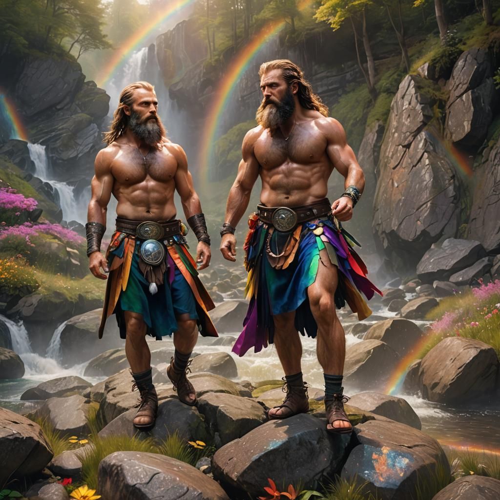 two hairy bearded shirtless men wearing kilts with rainbows, outdoor, natural light, Da Vinci
