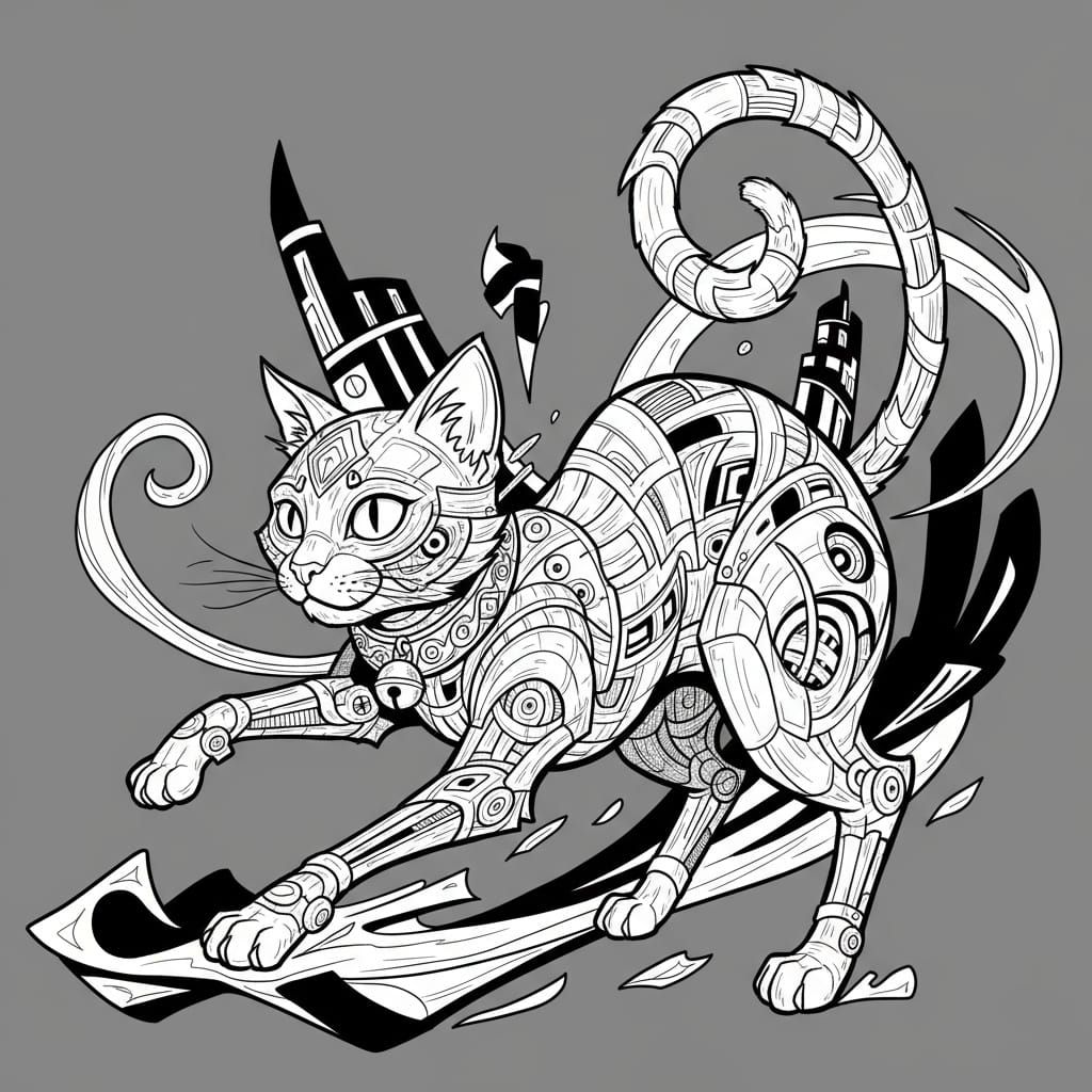 Whimsical Cat Line Art in High Contrast