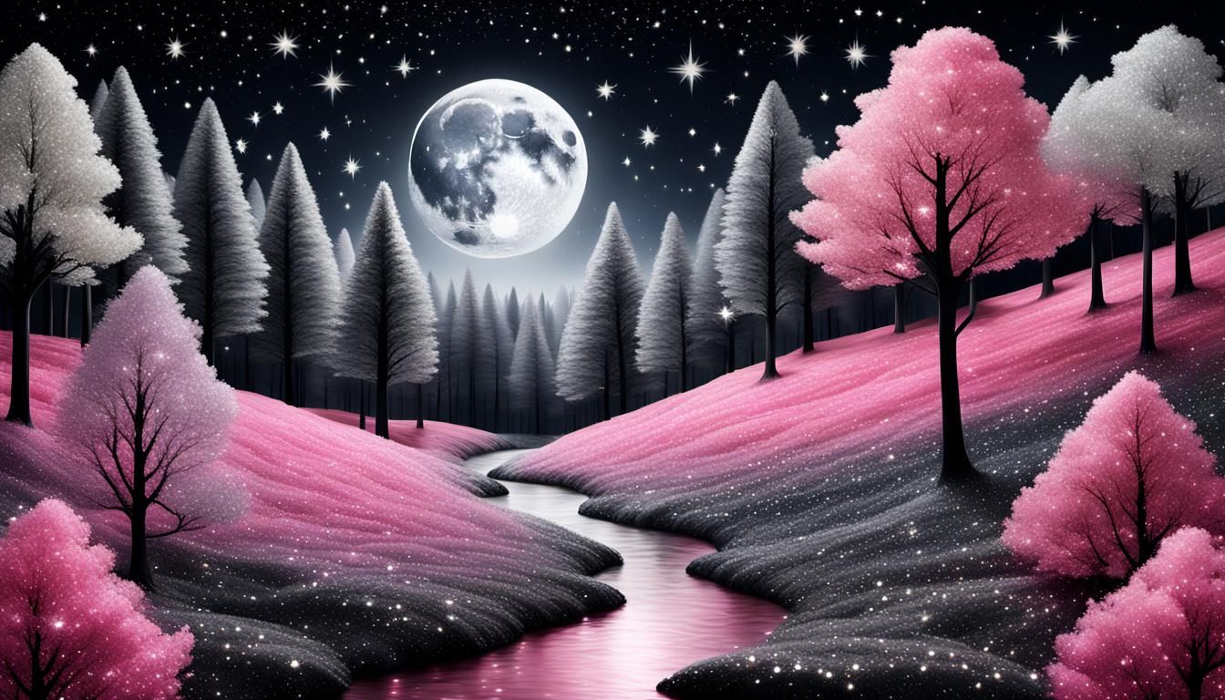Magical Pink and Silver Glitter Forest Under Starry Skies