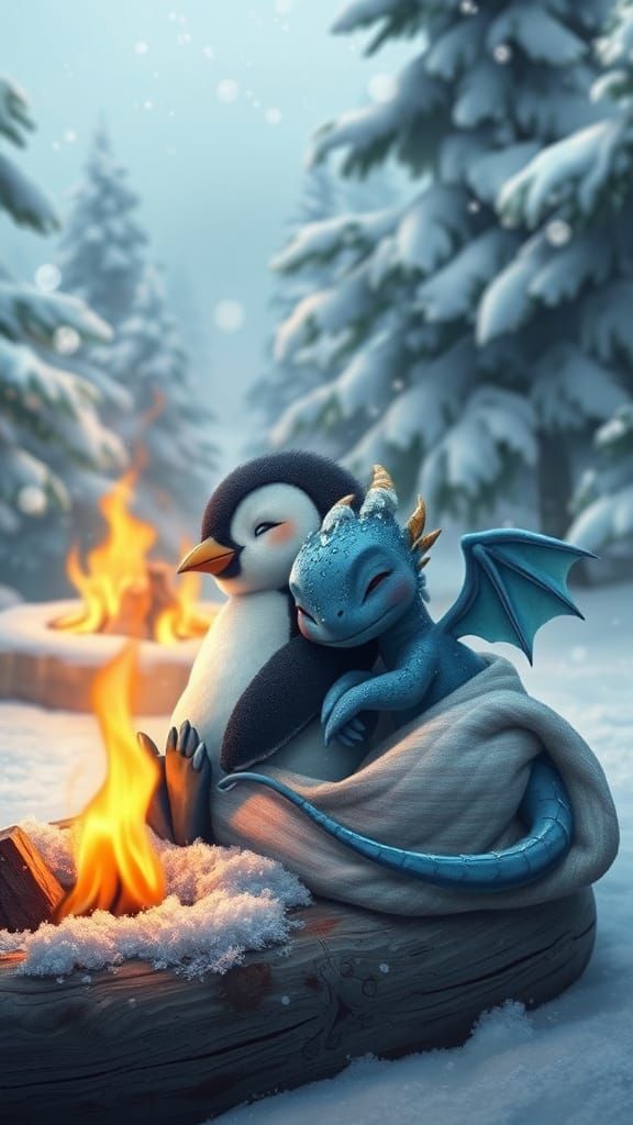 Penguin and Dragon Babies in Snowy Landscape