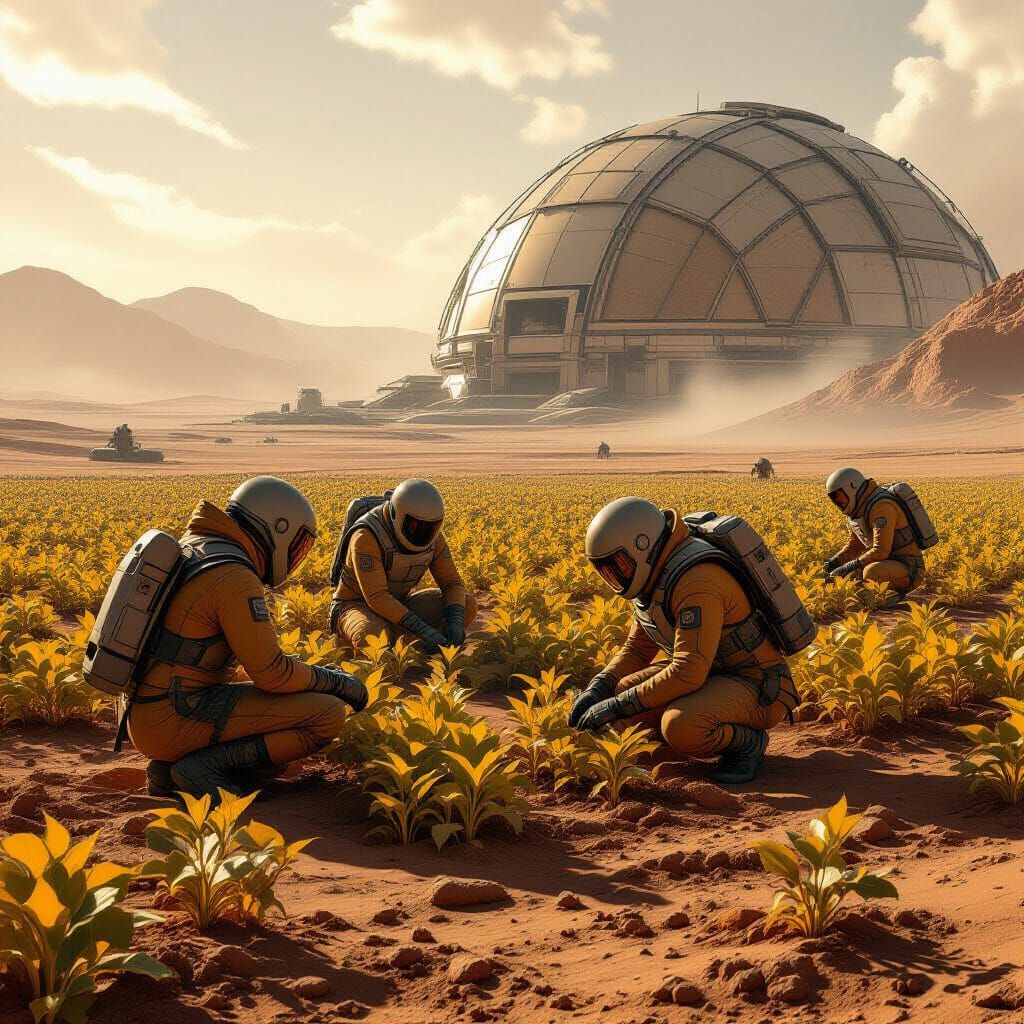 Martian Colony Harvest Under Dome in Retro Sci-Fi Style