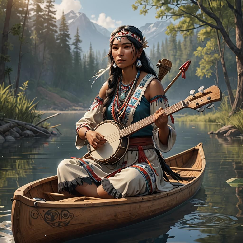 Native American Girl Playing Banjo: 3D Anime Art