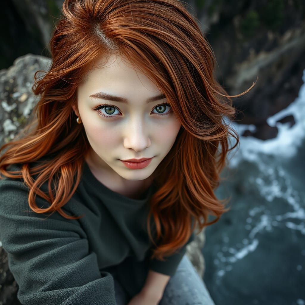 Hyperrealistic Japanese Woman on Cliffs Overlooking Sea