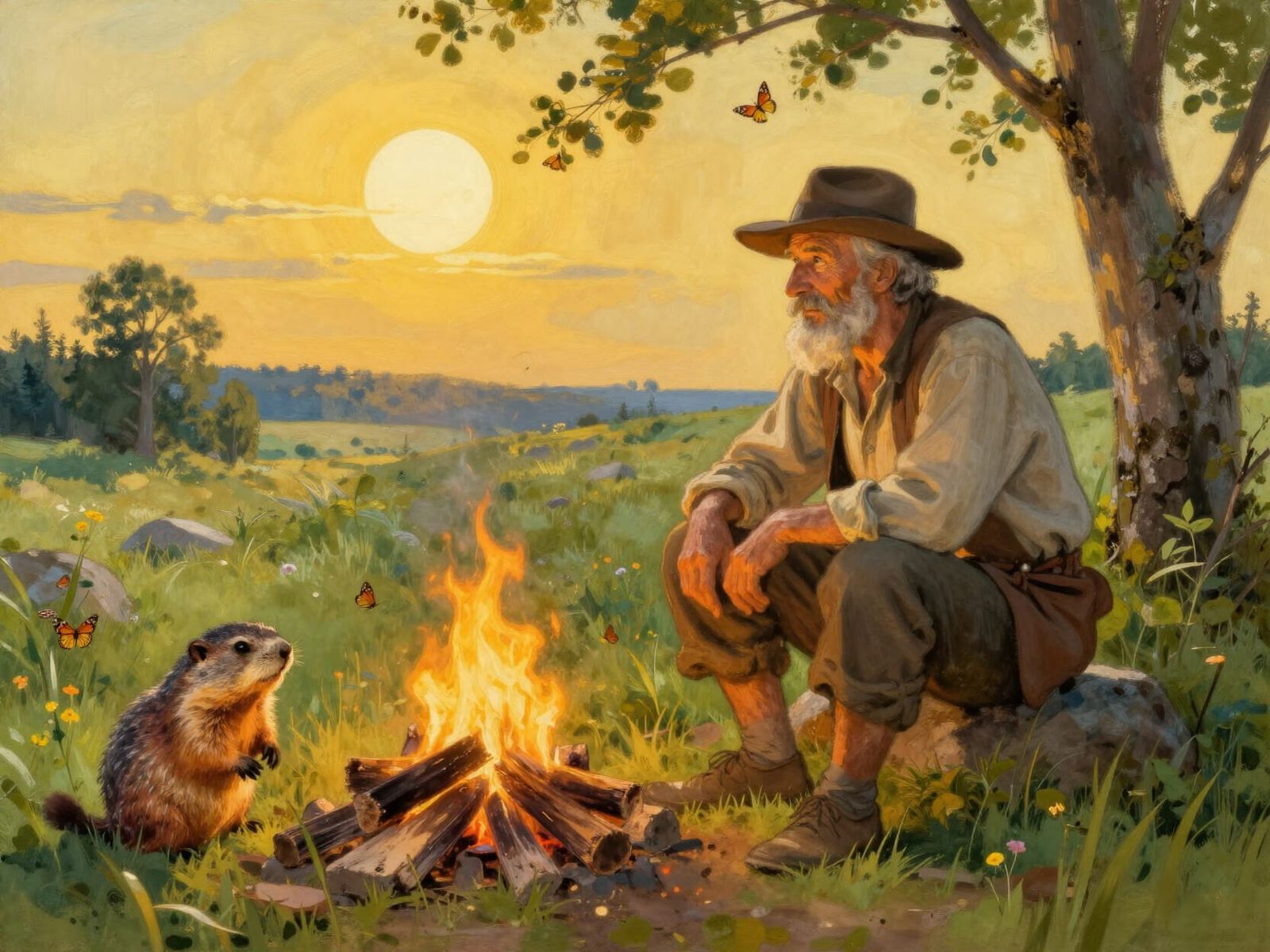 Mountainman and Groundhog by Campfire in Golden Light