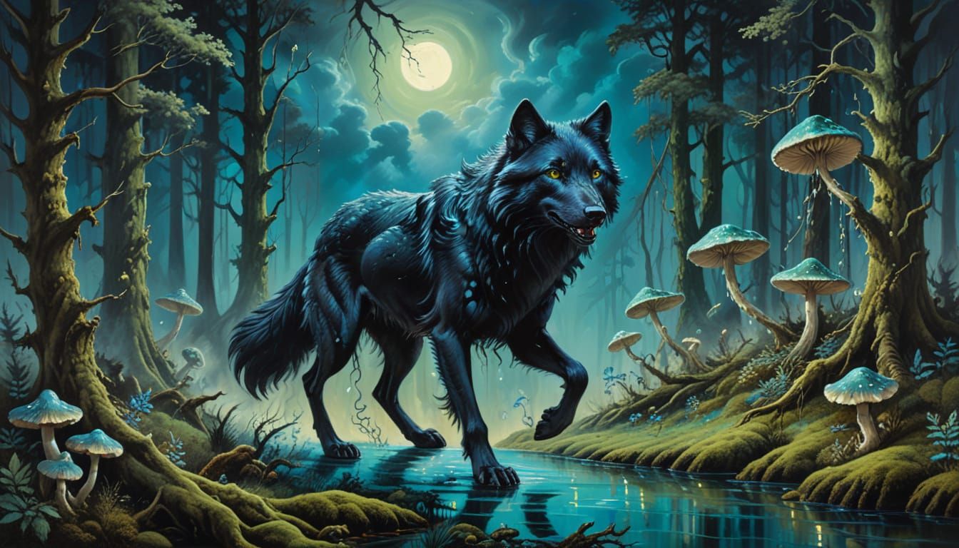 Mythical Black Wolf Spirit in Blue Moonlight