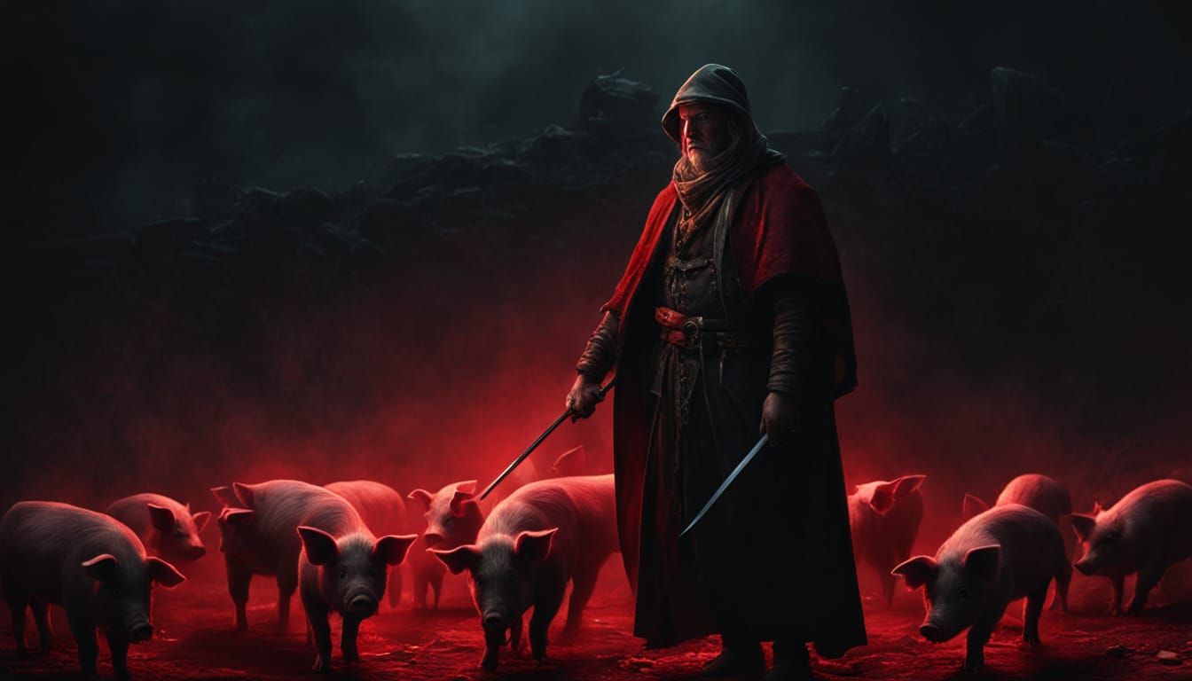 Dark Fantasy Portrait of a Pig Herder in a Blood Red Sky