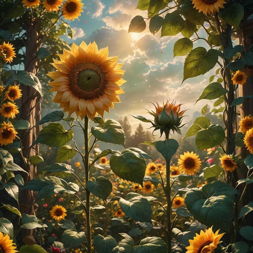 Rose and Sunflower Bloom in Dreamlike Garden