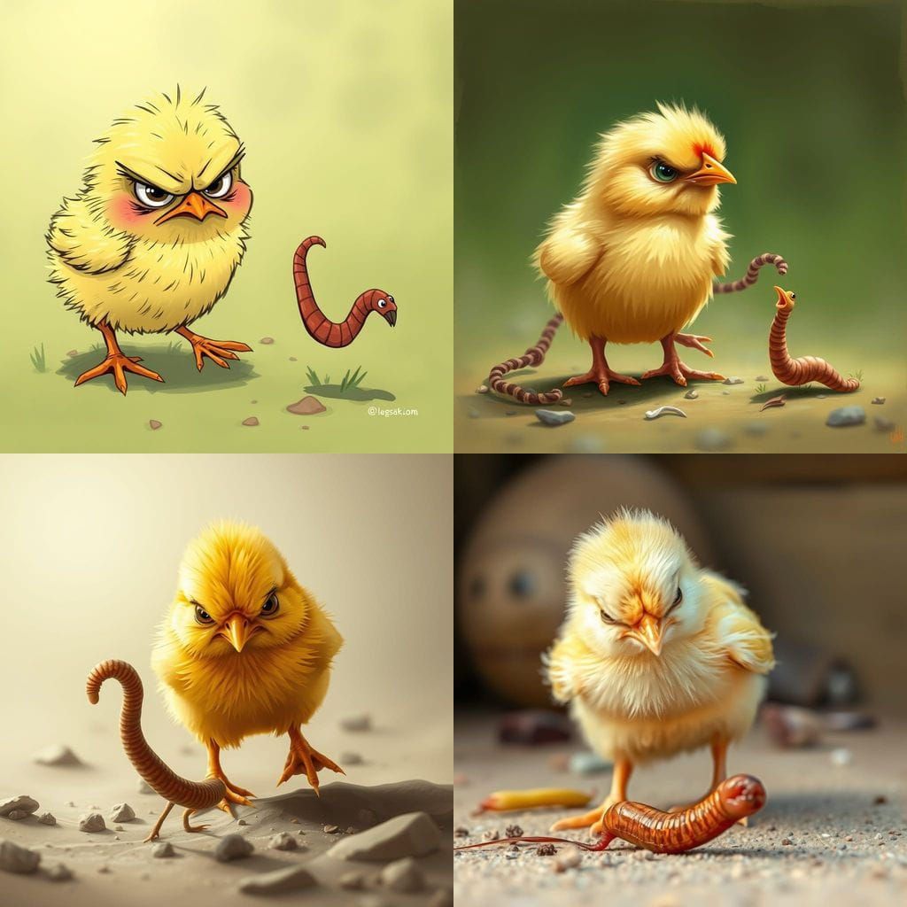 Grumpy Chick Chasing a Runaway Worm