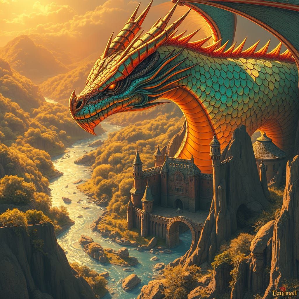 Ethereal Dragon Reigns Over Ancient Castle in Vibrant Art No...