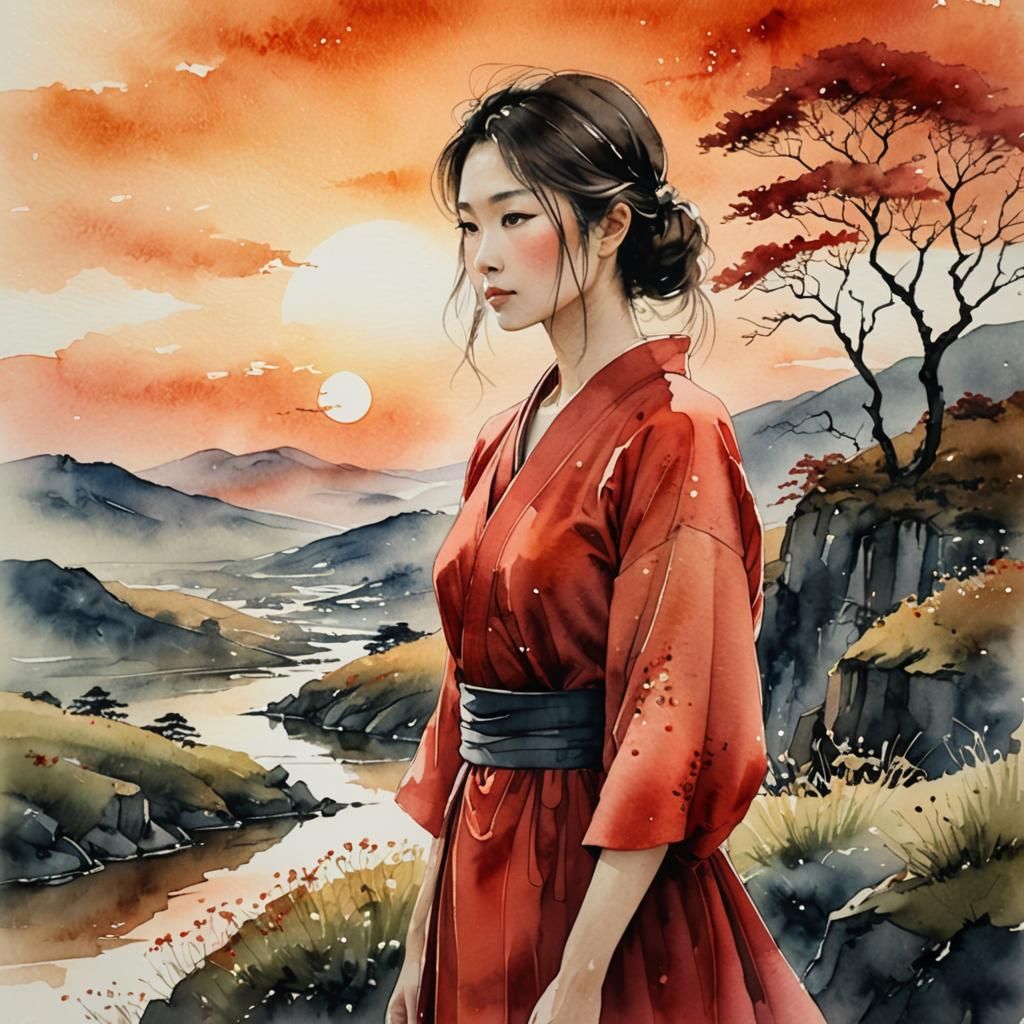 Japanese Girl Gazing at Sunrise in Watercolor Style