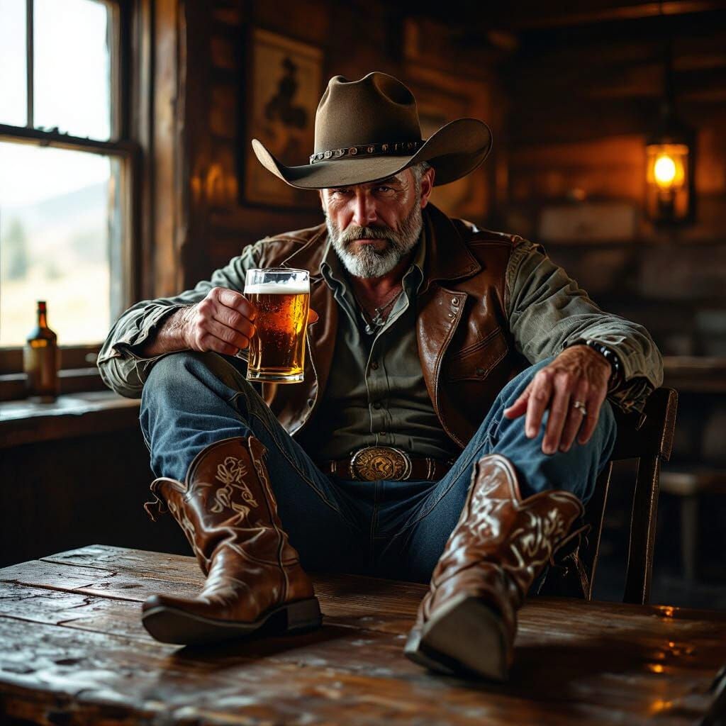 Grizzled Cowboy Enjoys Beer in Rustic Tavern