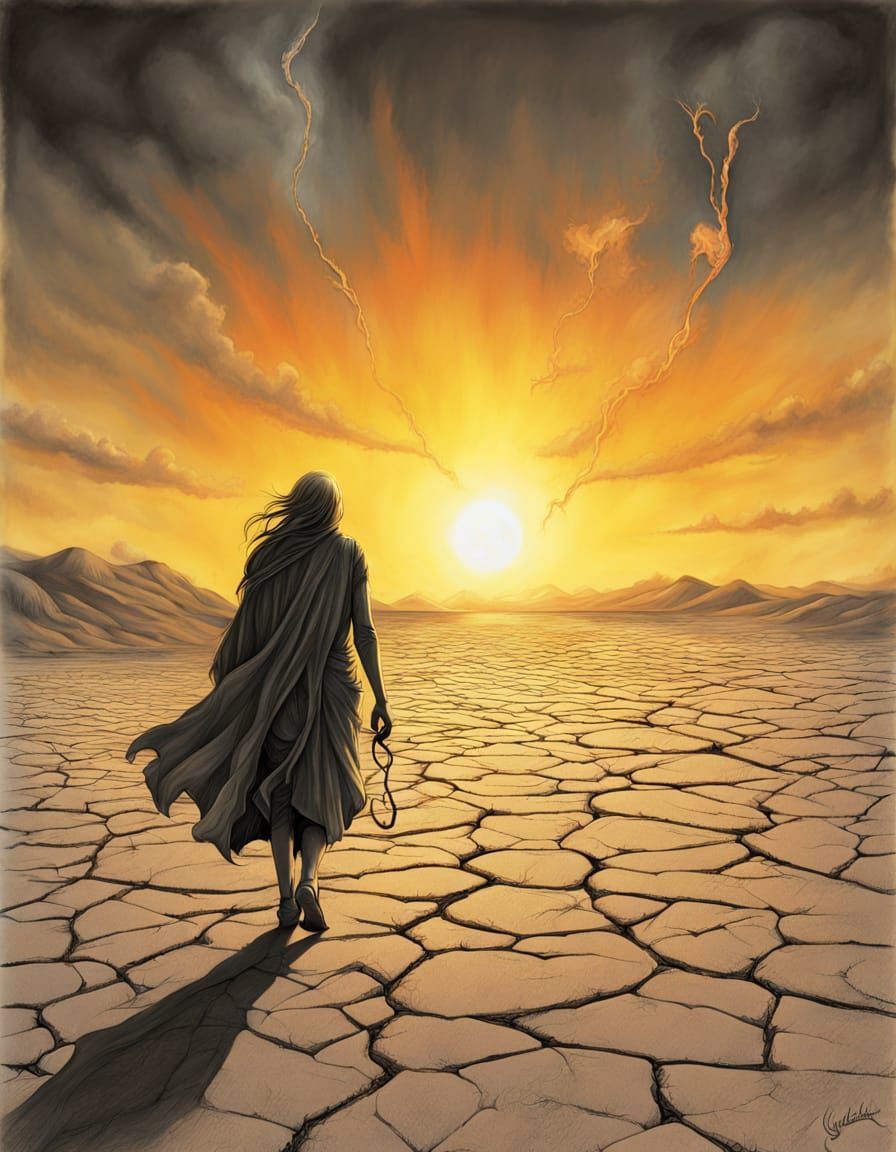 Post-Apocalyptic Wanderer in Surreal Charcoal Drawing Style