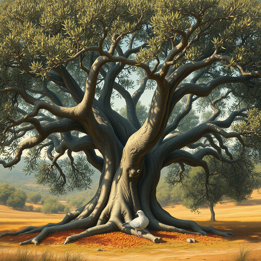 Dove Resting in Ancient Olive Tree Canopy