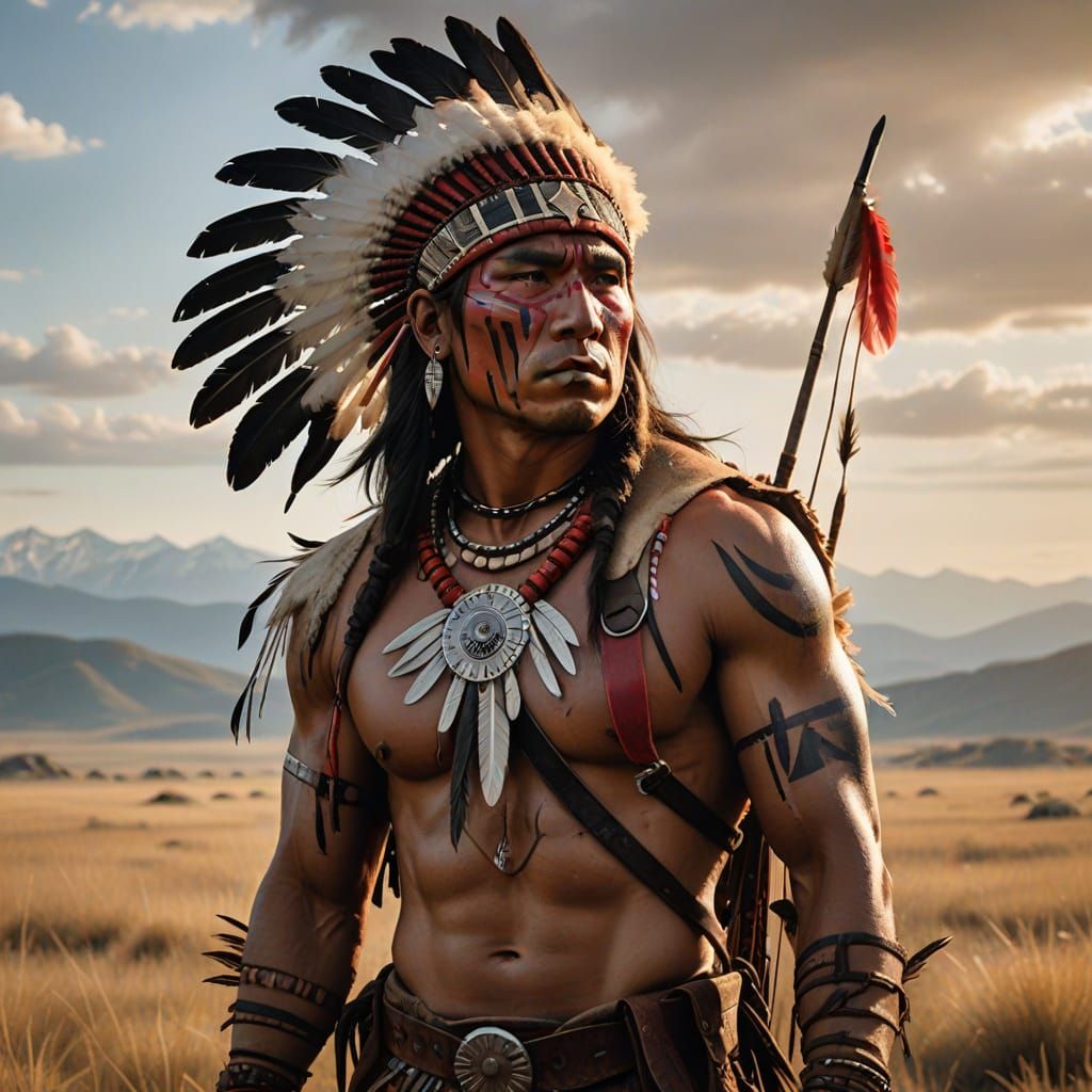 Young Native American Warrior Embracing the Dawn on a Windsw...