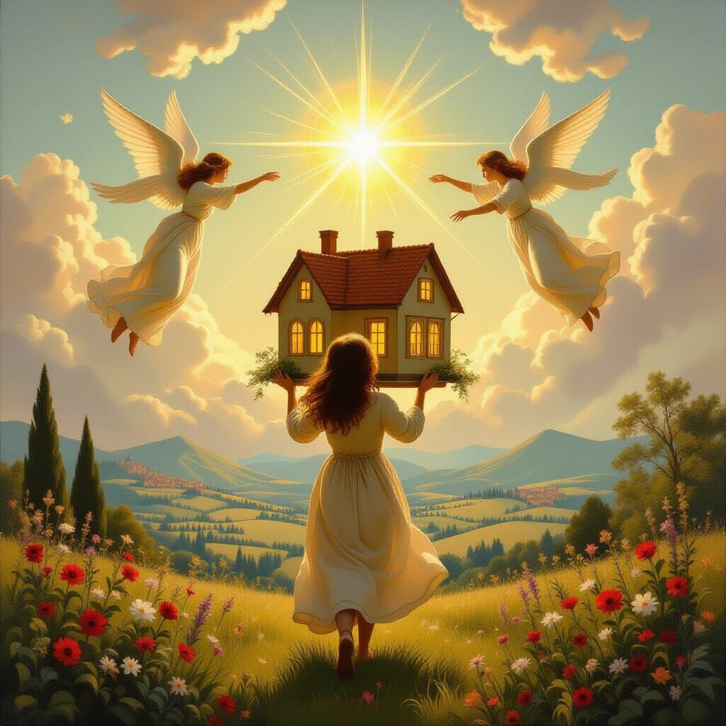 Renaissance Girl Carries Glowing Home Through Serene Landsca...