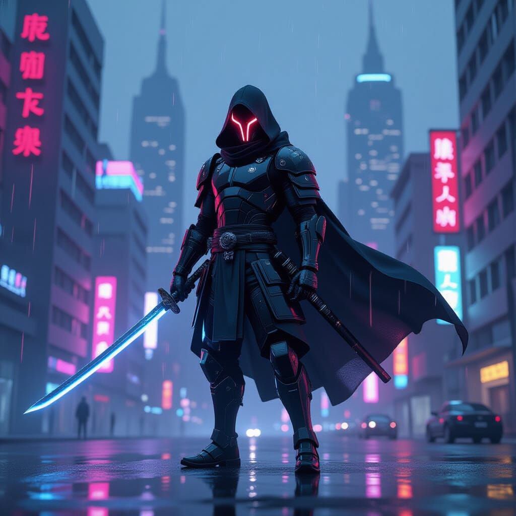 Cyberpunk Samurai Warrior in Neon Cityscape