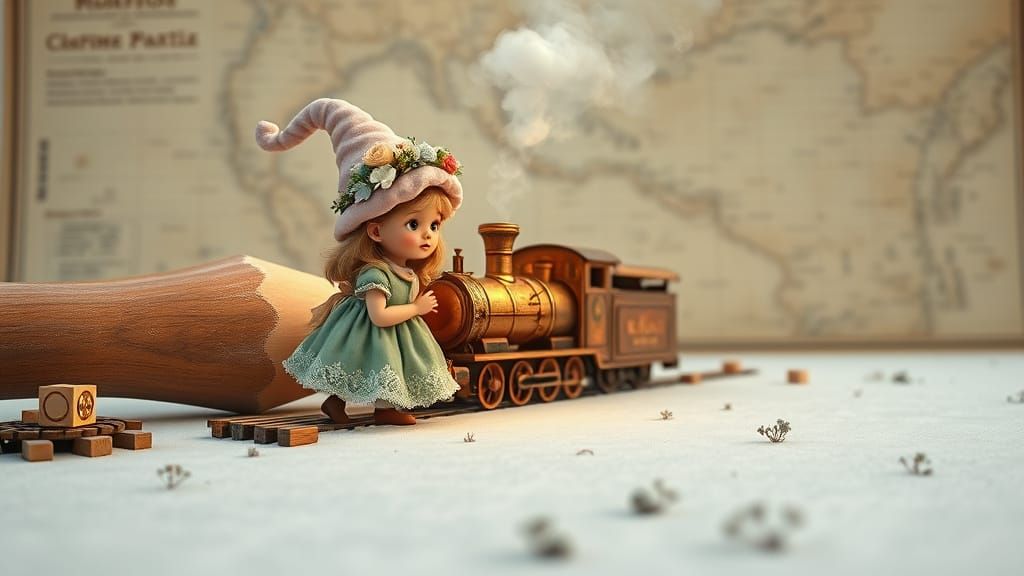 Whimsical Gnome Girl Watches Vintage Locomotive Emerge from ...