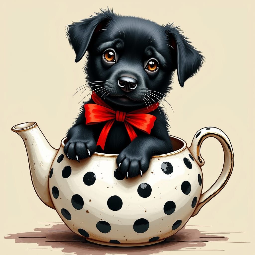 Graffiti-Style Black Lab Puppy Sits in Vintage Teapot