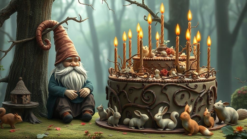 Gnome's Whimsical Birthday Celebration in an Enchanted Fores...