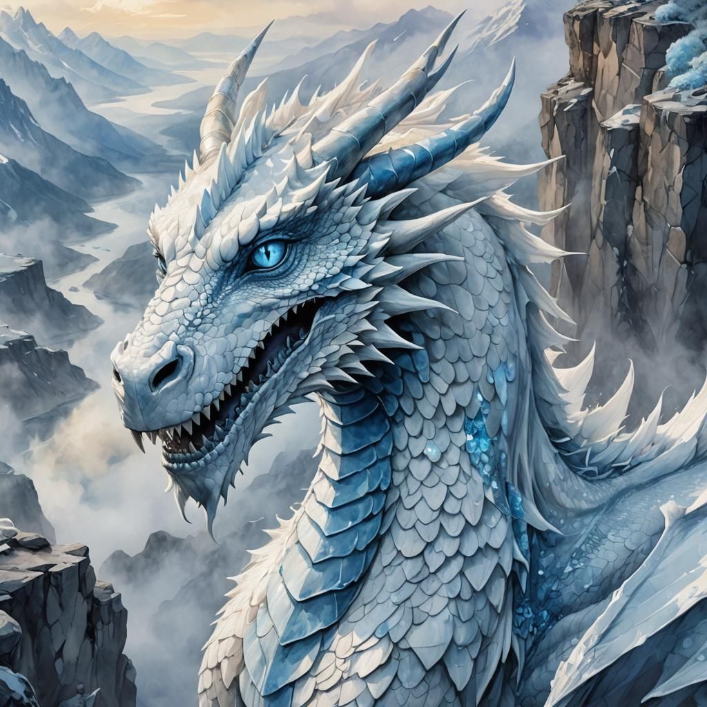 White Dragon with Blue Eyes: A Watercolor Fantasy