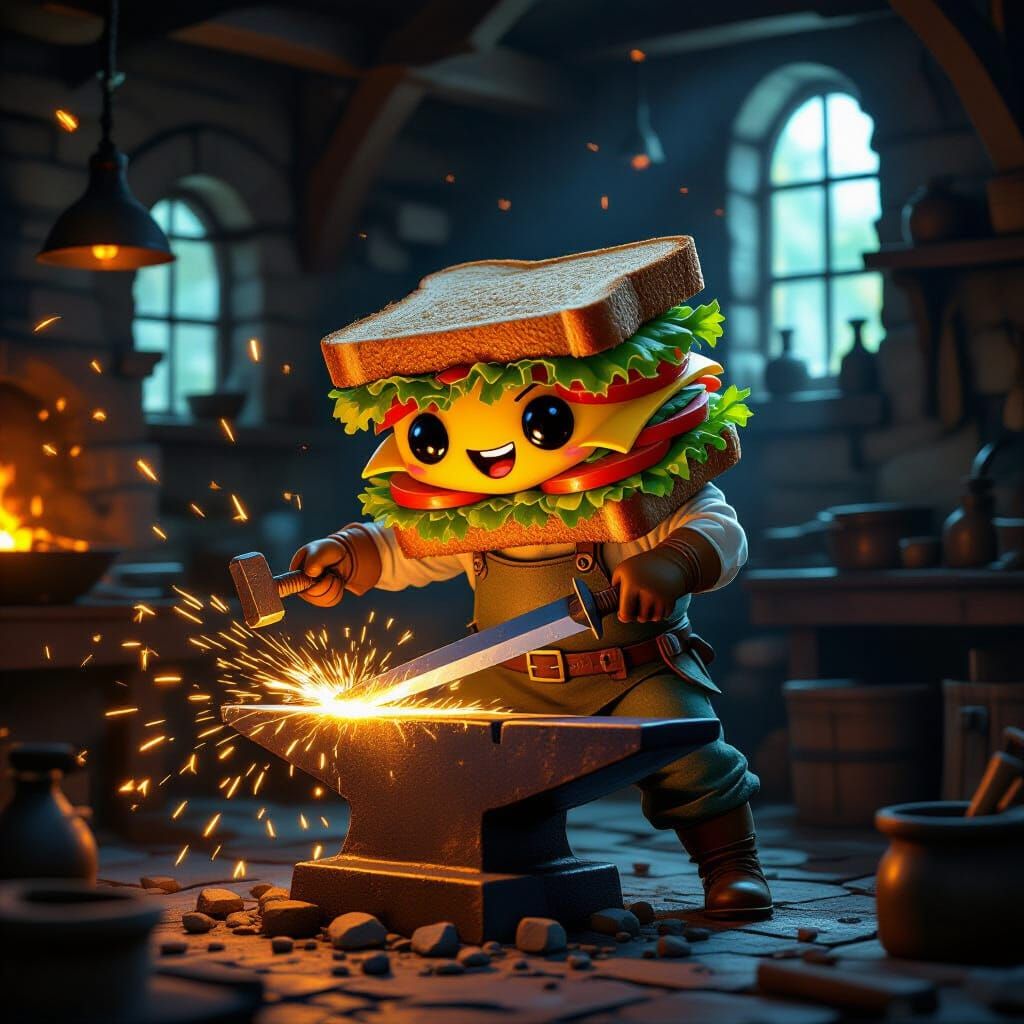 Living Sandwich Forges Sword in Whimsical Blacksmith Shop