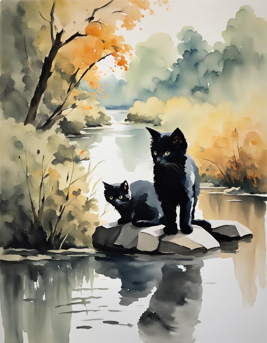 Minimalist Kitten by River in Gouache Style