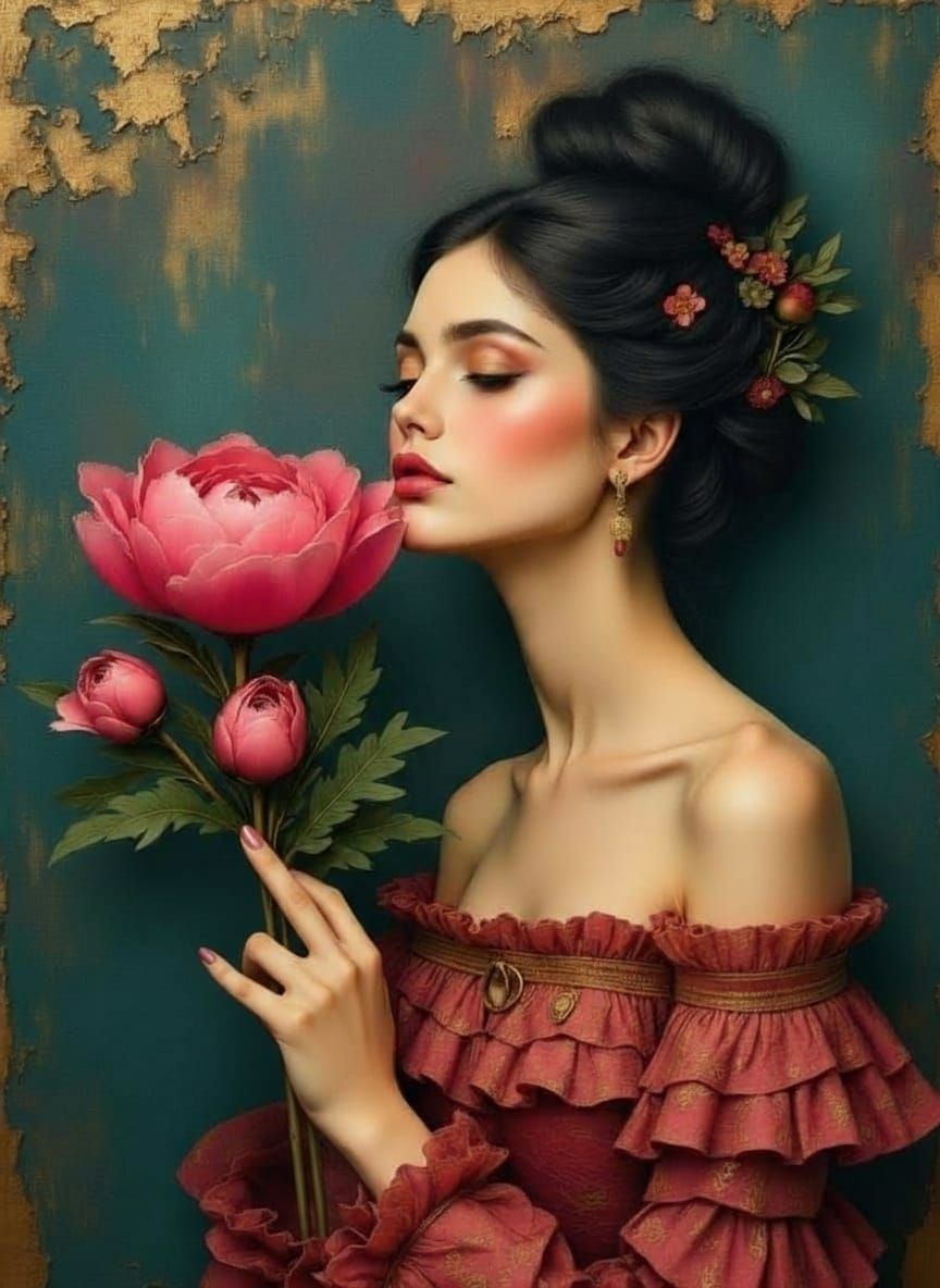 Mixed Media Portrait of Woman with Pink Peony