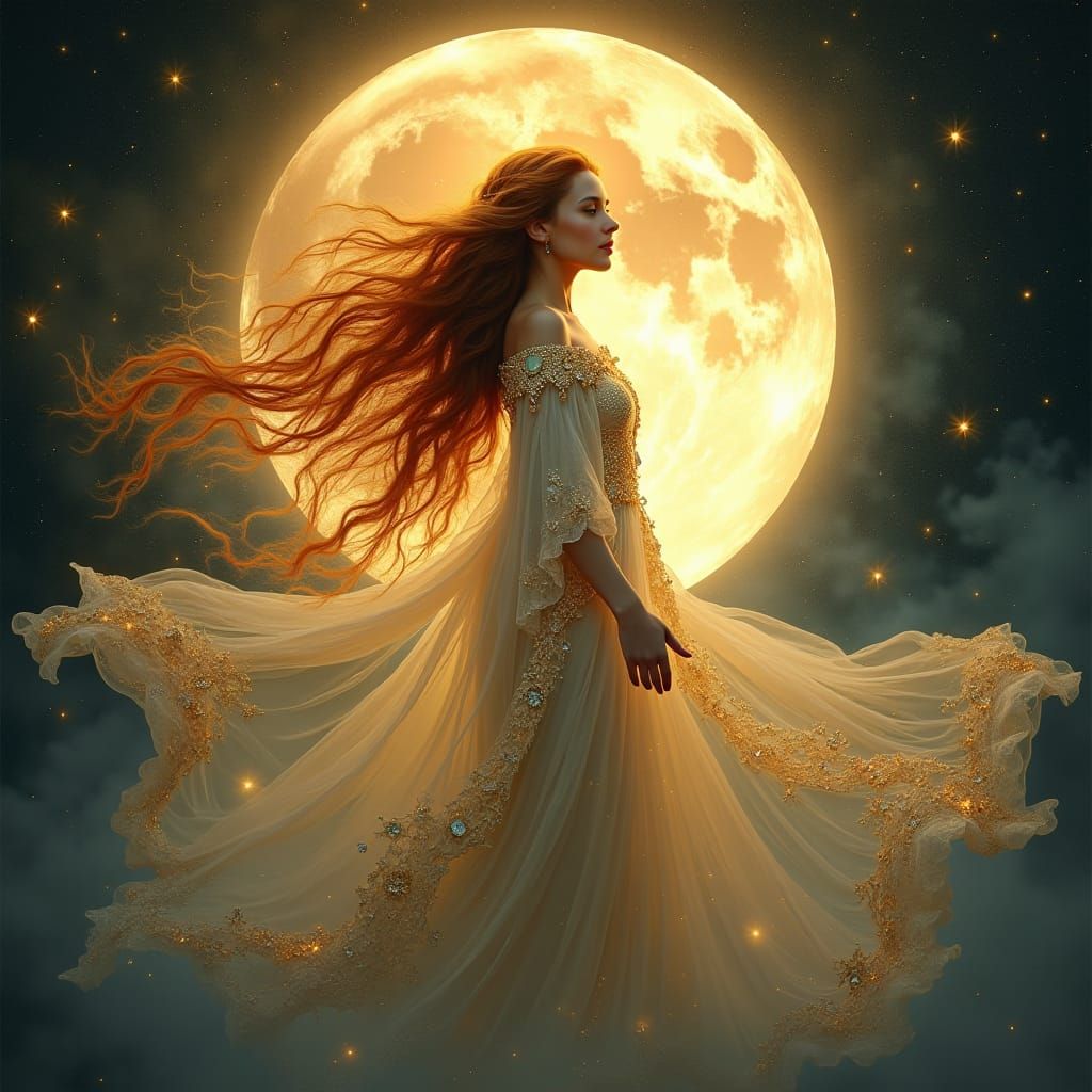 Moon Goddess with Auburn Hair in Art Nouveau Style