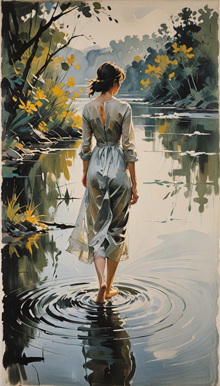 Serenely Standing Female Figure in Morning Mist, Delicate Pe...