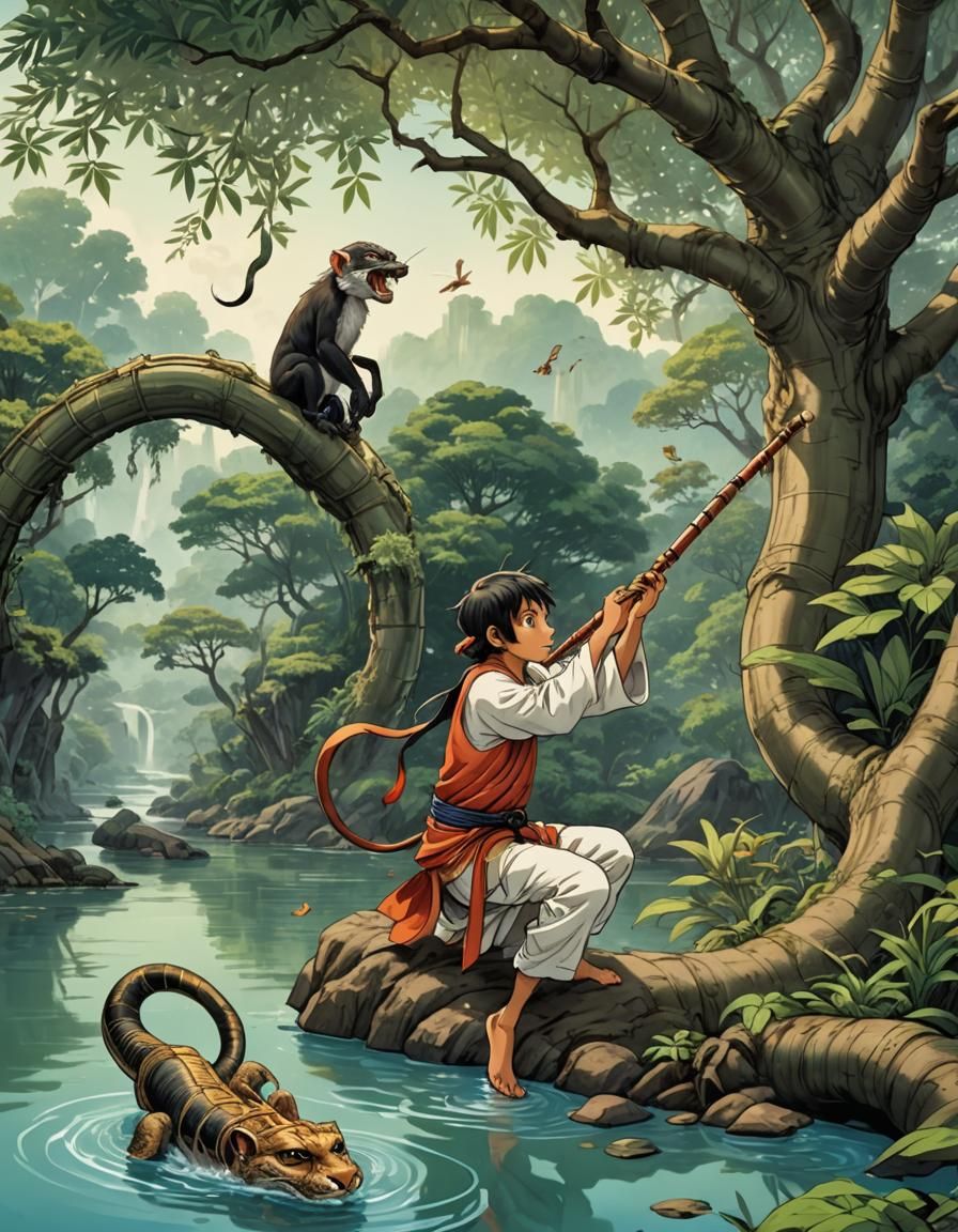 Krishna Playing Bansuri Flute in Anime Style