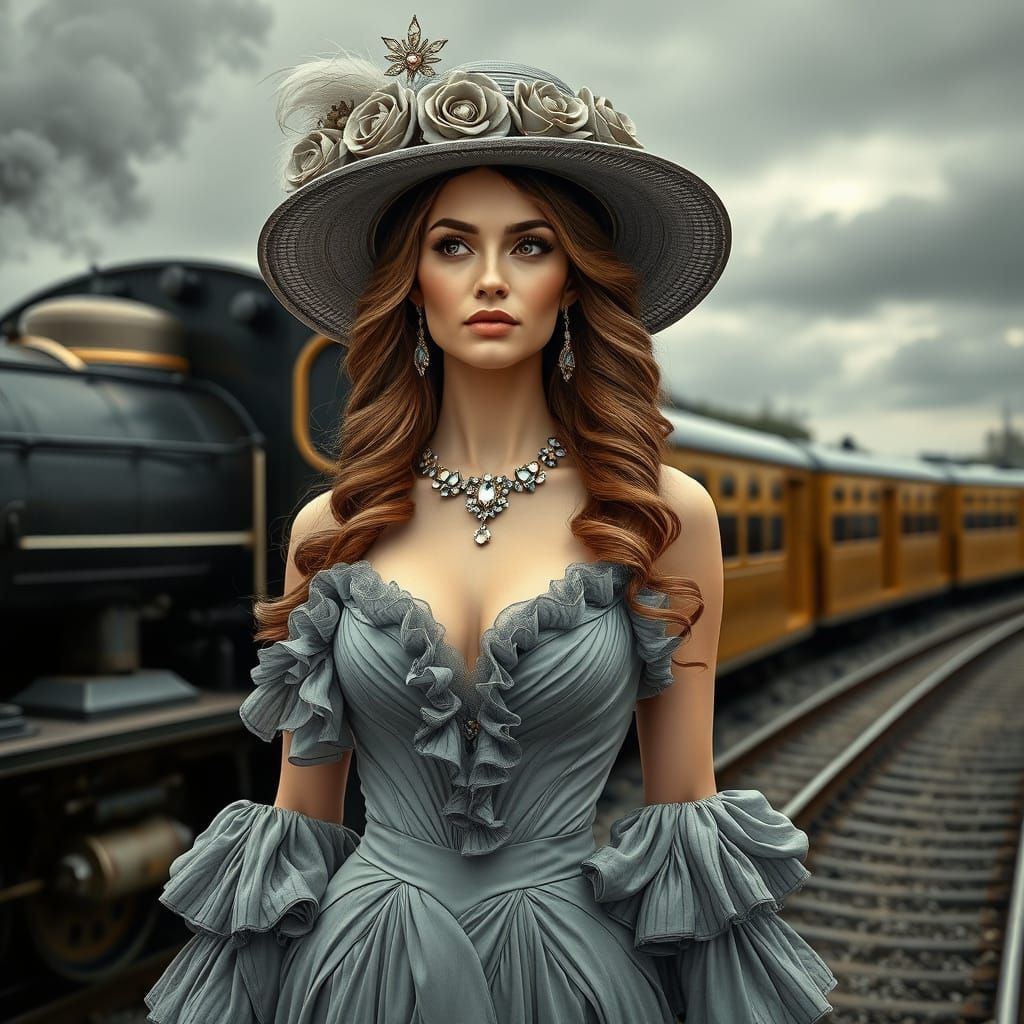 Victorian Woman by Vintage Train in Silver Gown