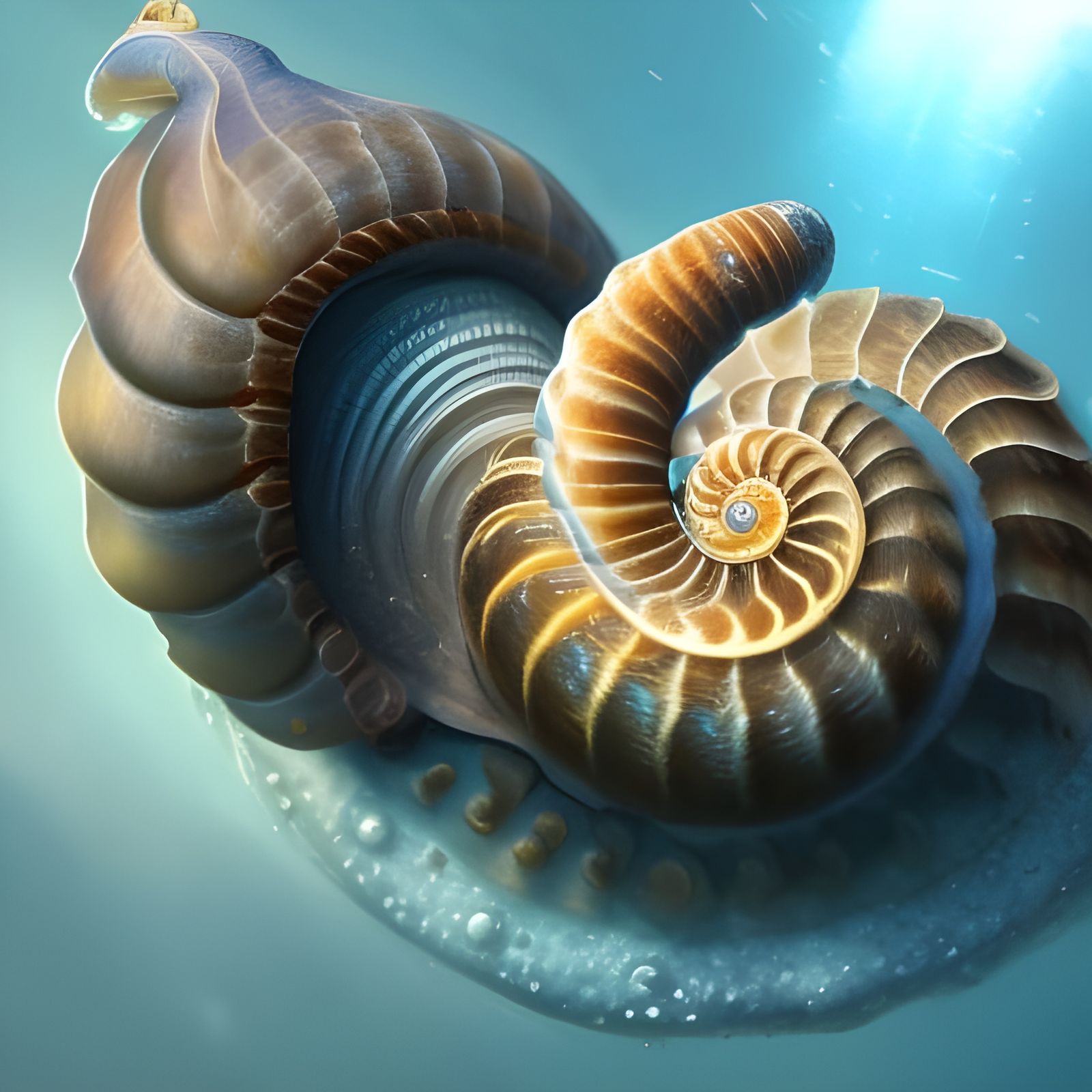 Hyperrealistic Snail Ammonite Nautilus Creature Underwater