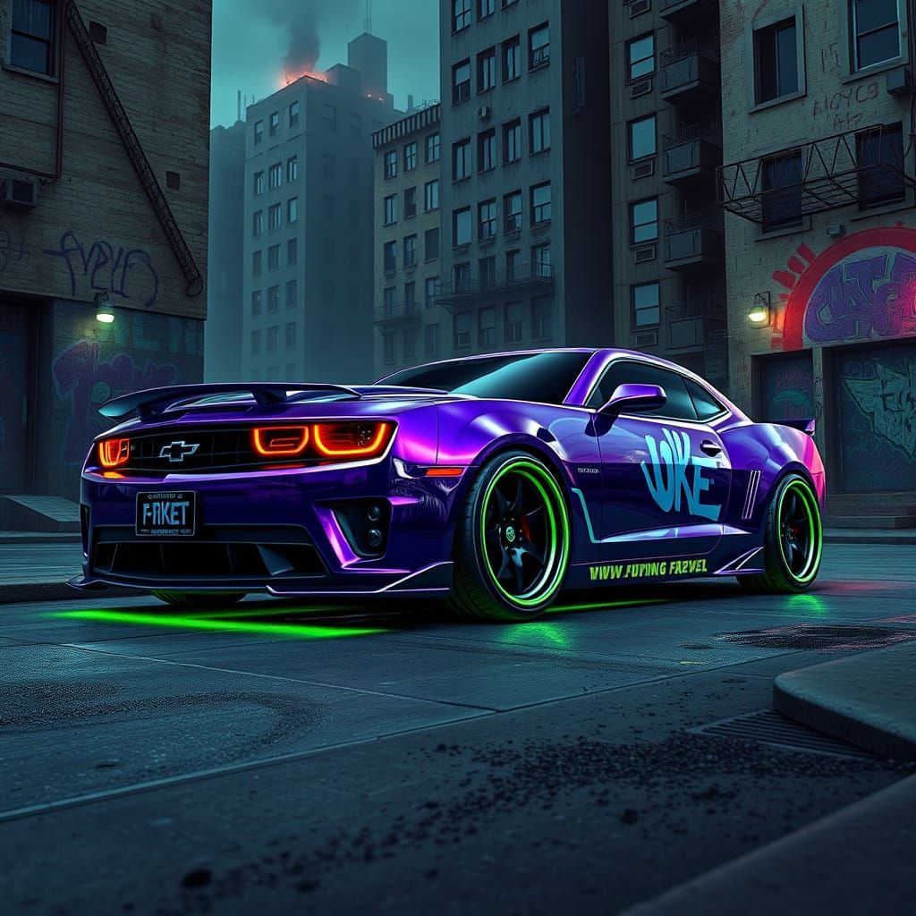 front view of a shiny purple and green joker inspired Camaro, the wheels have neon rims and the background is rundown cy...