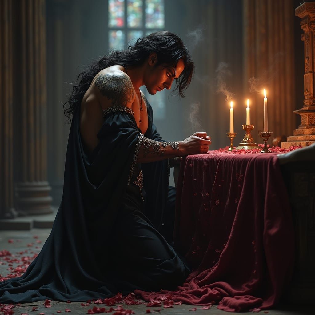 Gothic Incubus Kneeling at Altar in Cathedral