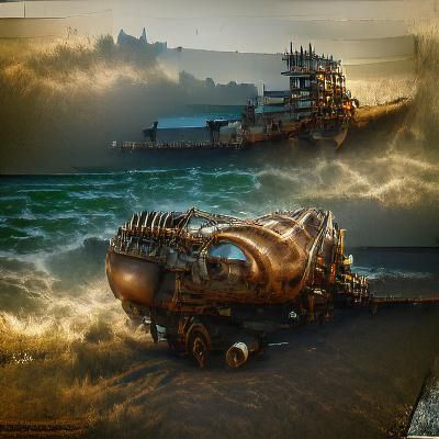 Steampunk Ship on Sinister Sea, Detailed Matte Painting